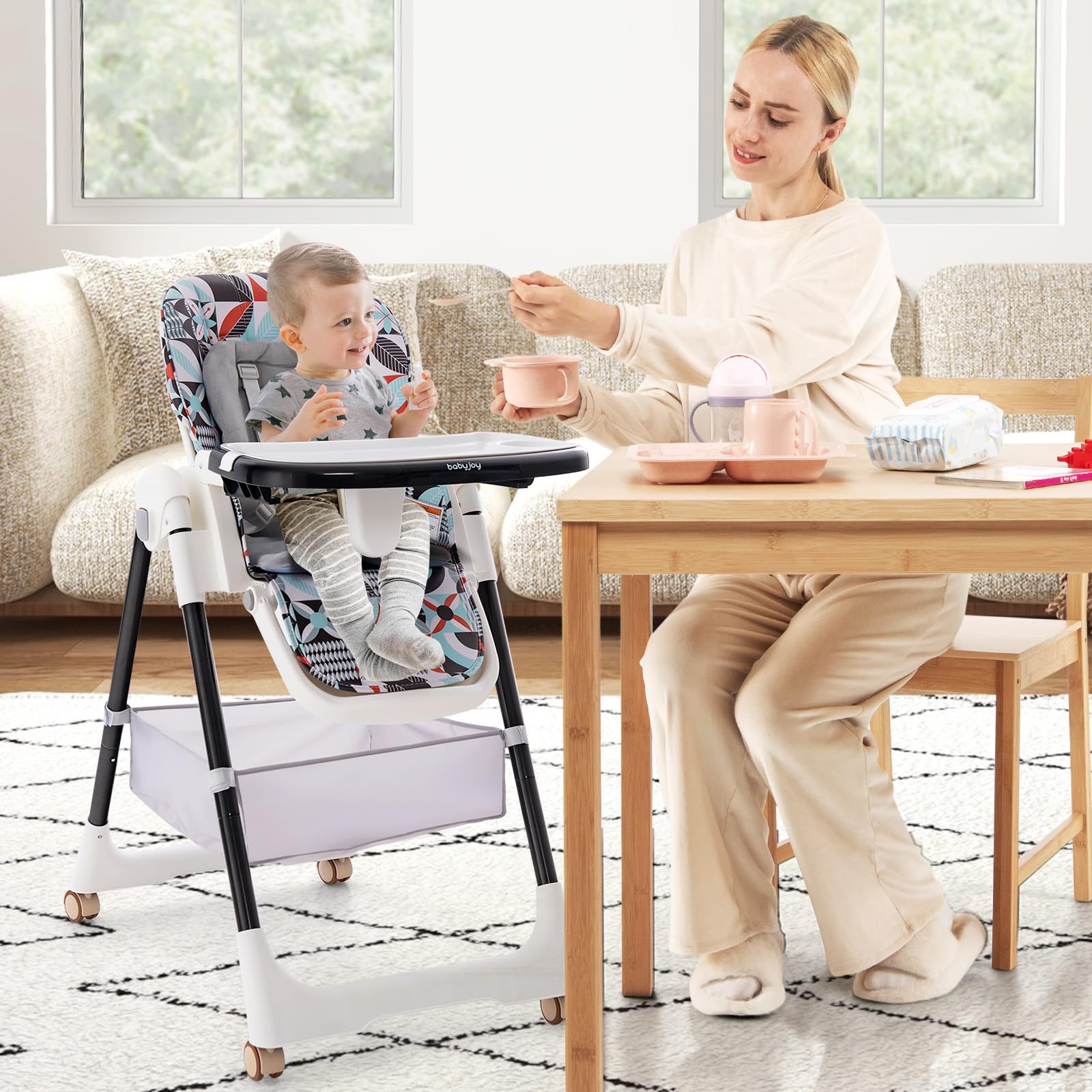 5-in-1 folding baby high chair with wheels and footstool