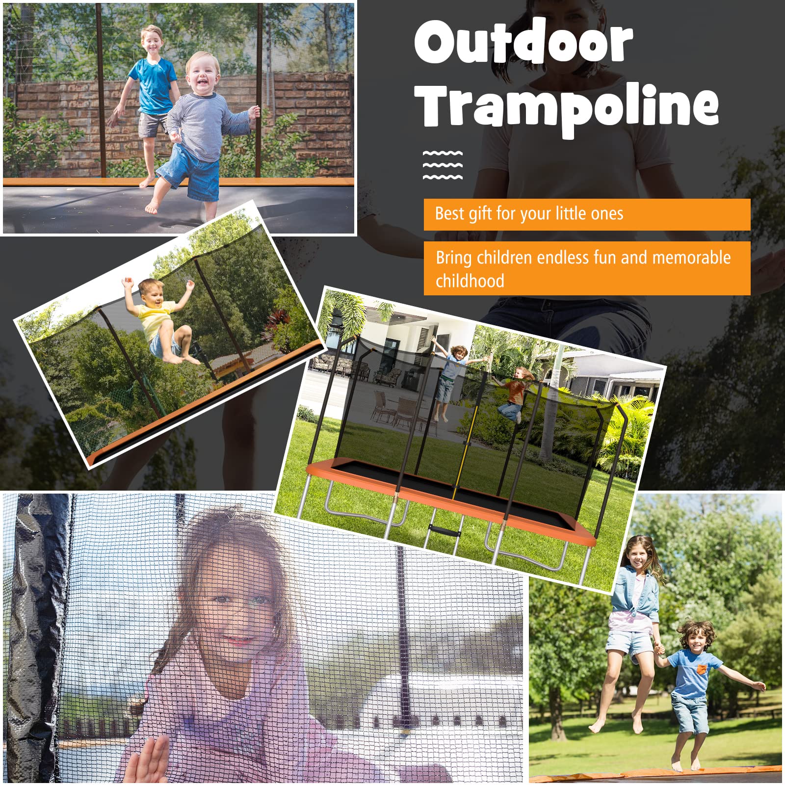 14 x 8FT 200 kg Weight Capacity Outdoor Kids Trampoline ASTM Certified Rectangular Trampoline with Enclosure Net, Safety Net and Ladder