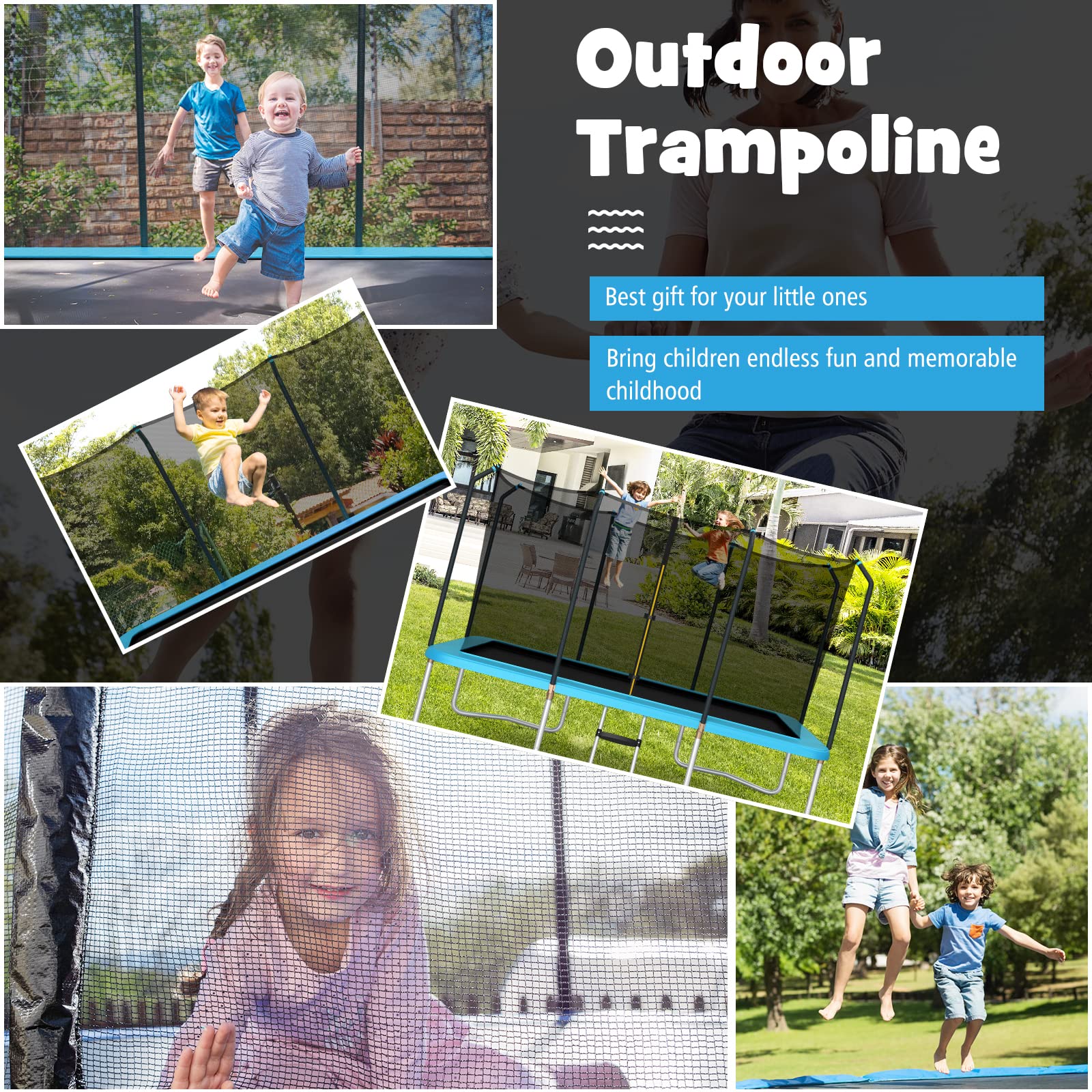 14 x 8FT 200 kg Weight Capacity Outdoor Kids Trampoline ASTM Certified Rectangular Trampoline with Enclosure Net, Safety Net and Ladder
