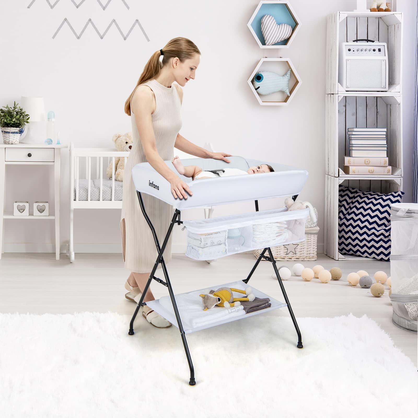 INFANS Baby Portable Changing Table Infant Diaper Station with Storage Basket & Shelf