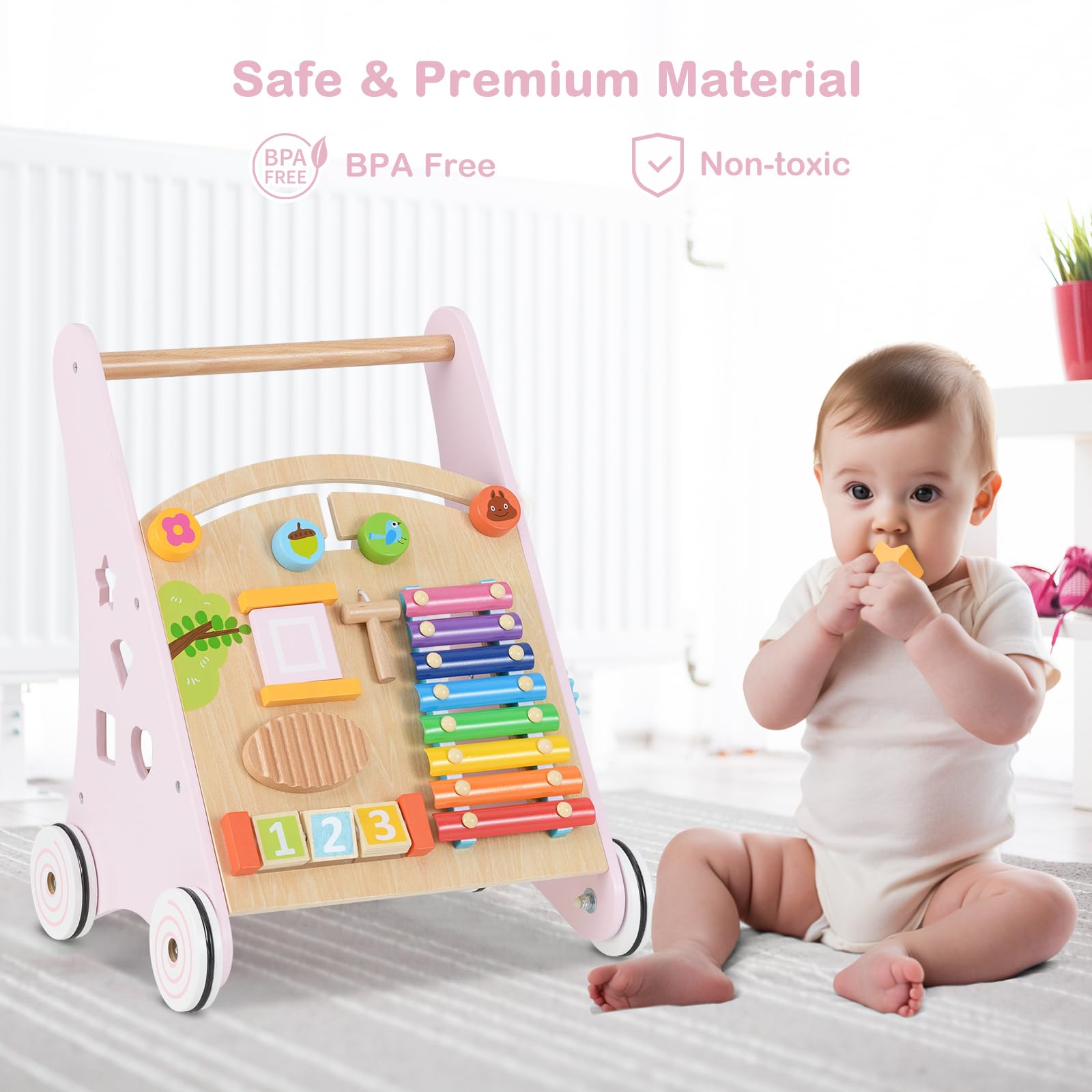 INFANS Wooden Baby Walker, Montessori Walker with Multiple Activity Toys