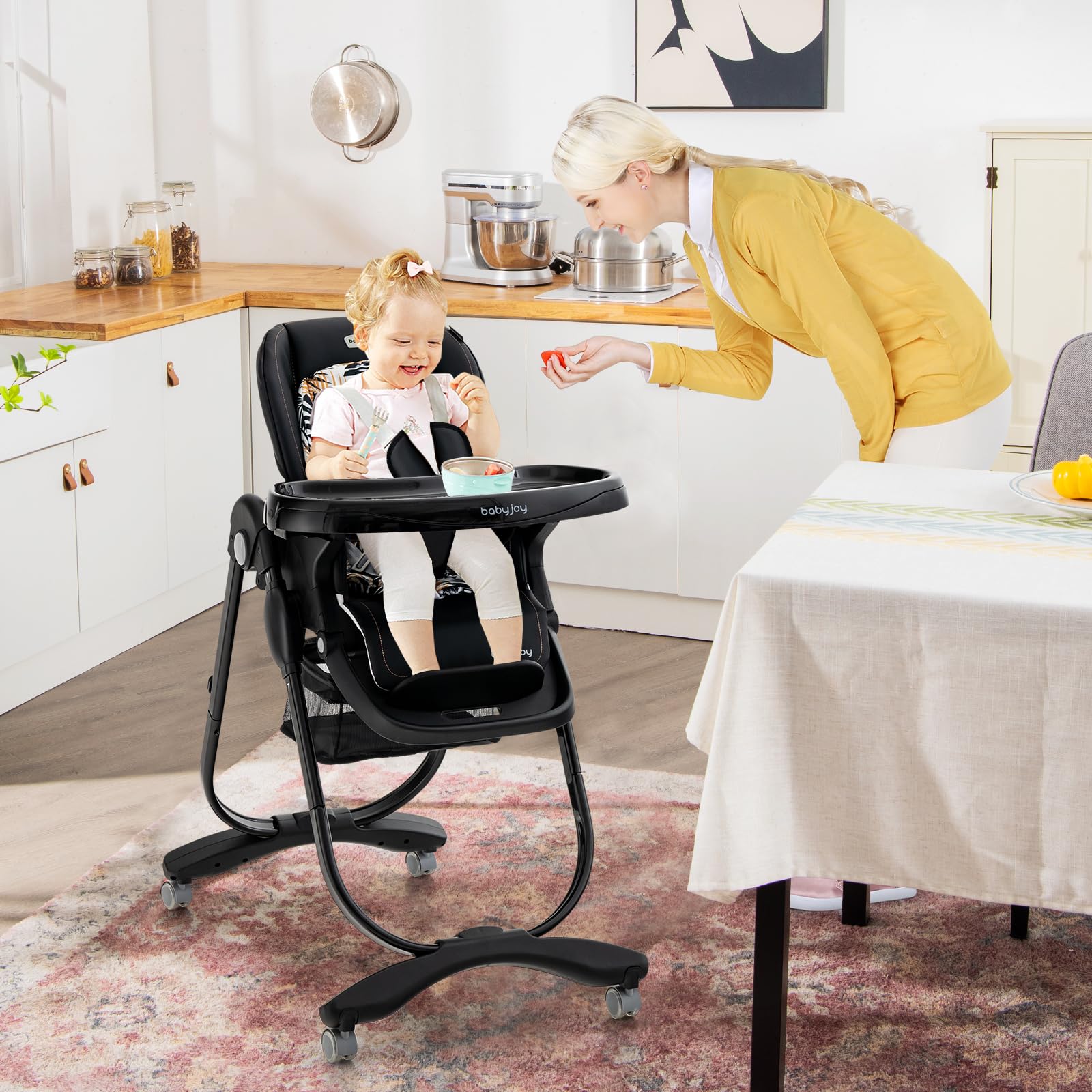High Chair for Babies & Toddlers Folding Baby Highchair w/Rolling Wheels Adjustable Height