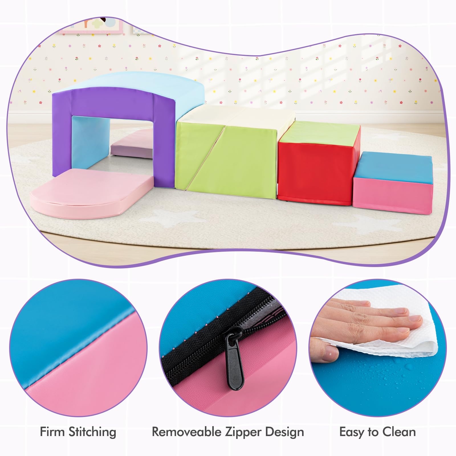 OLAKIDS Climbing Toys for Toddlers, 7 Piece Indoor Baby Foam Blocks Soft Play Set with PU Leather