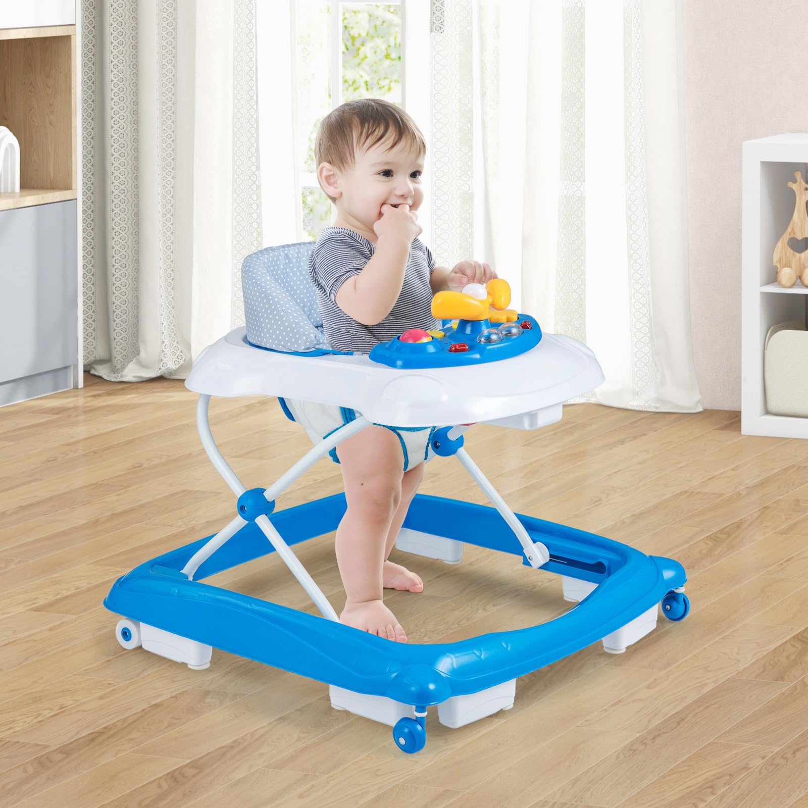 Foldable Baby Walker with 3 Adjustable Heights Comfy Padded Seat Lights and Music Tray