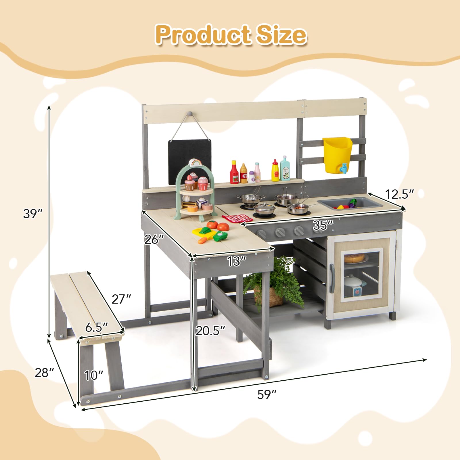 Outdoor Play Kitchen with Faucet Chalkboard Stoves Removable Sink Cooking Accessories