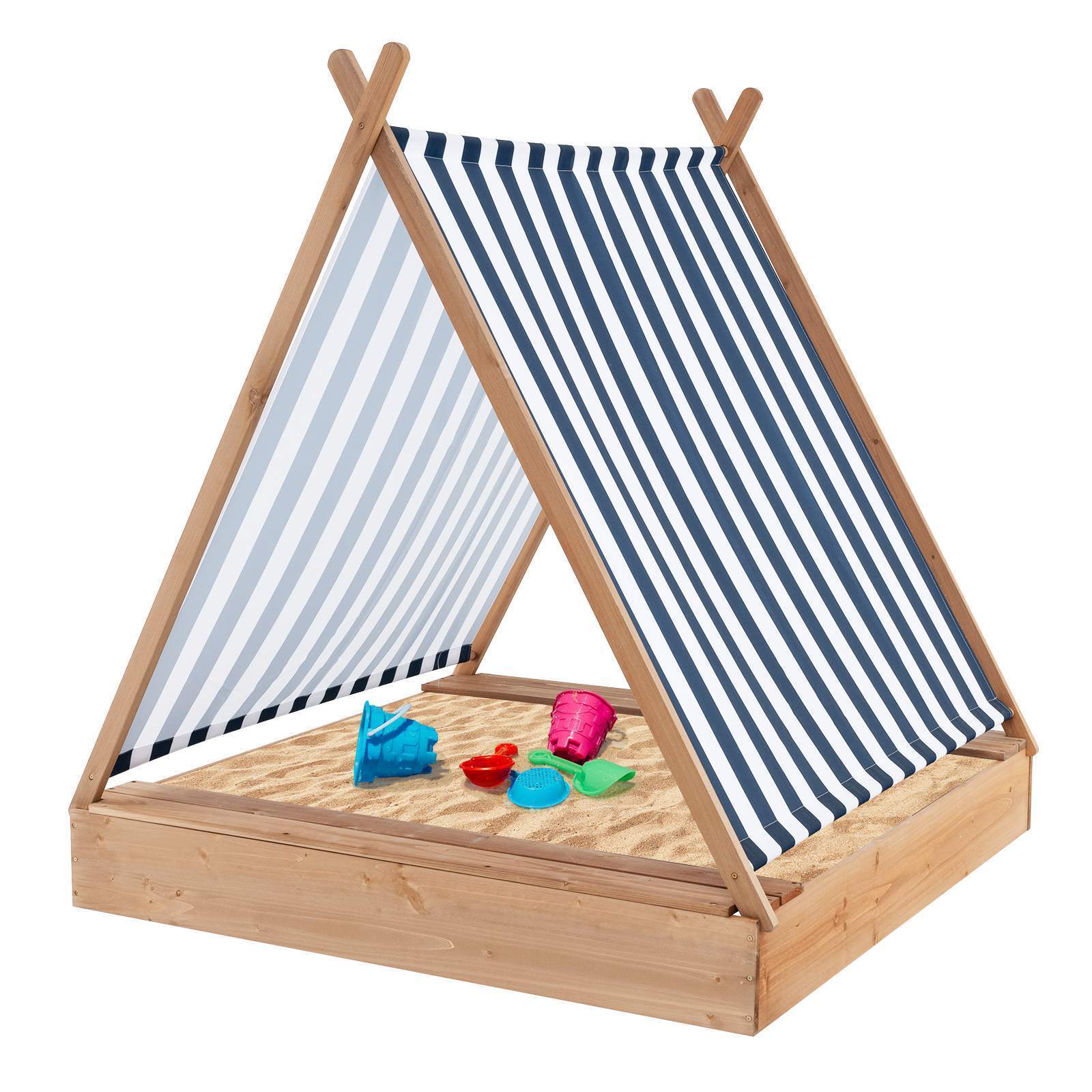 HONEY JOY Kids Sandpit Wooden Sandbox Sand Pit Play Station w/Canopy Bench Seats