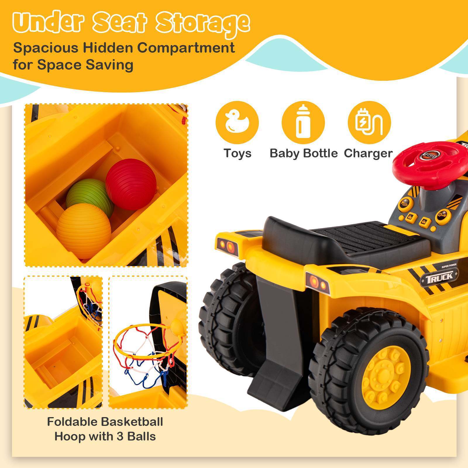 6V Kids Ride On Excavator Electric Vehicle with Basketball Hoop