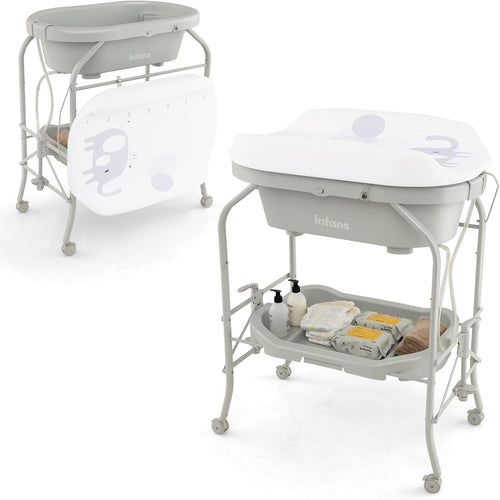 INFANS 2 in 1 Baby Changing Table with Bath Tub Unit, Folding Diaper Dresser Station