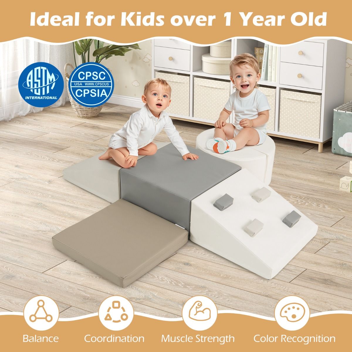 6 Piece Lightweight Foam Climbing Blocks with Hook and Loop Fasteners