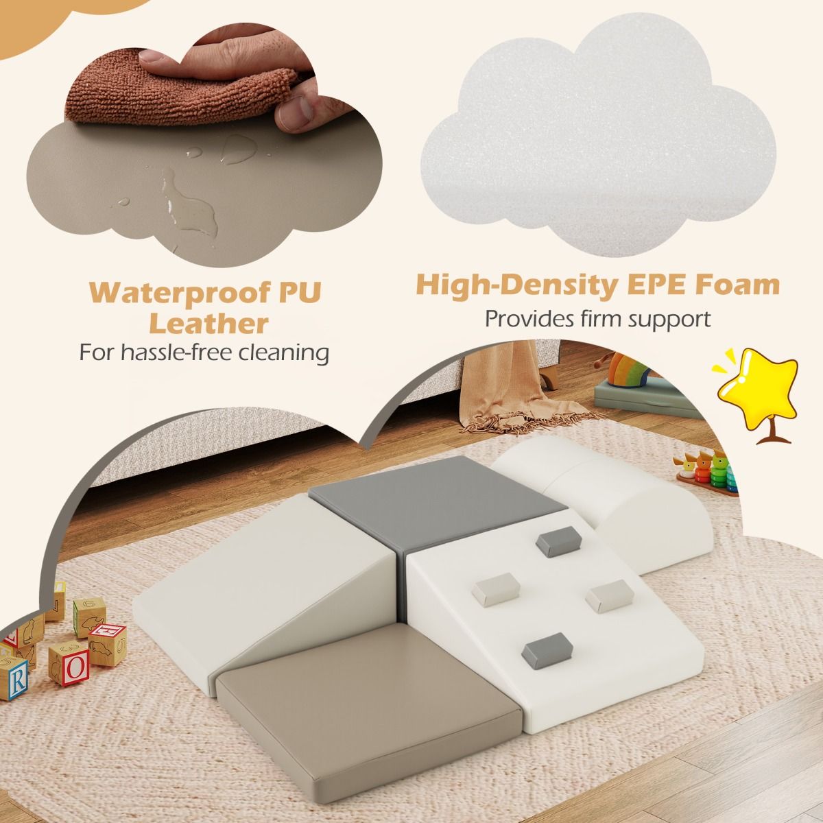 6 Piece Lightweight Foam Climbing Blocks with Hook and Loop Fasteners