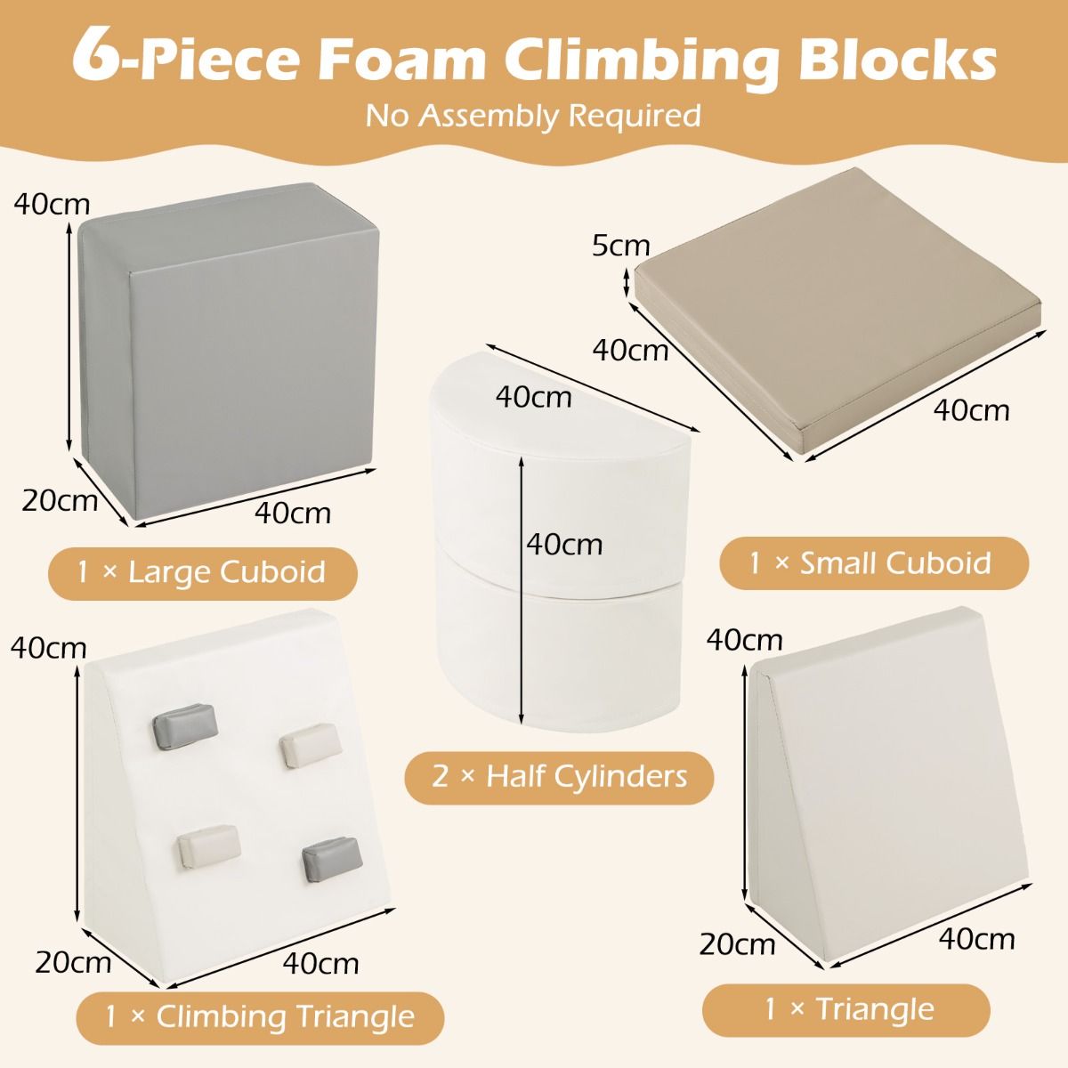 6 Piece Lightweight Foam Climbing Blocks with Hook and Loop Fasteners