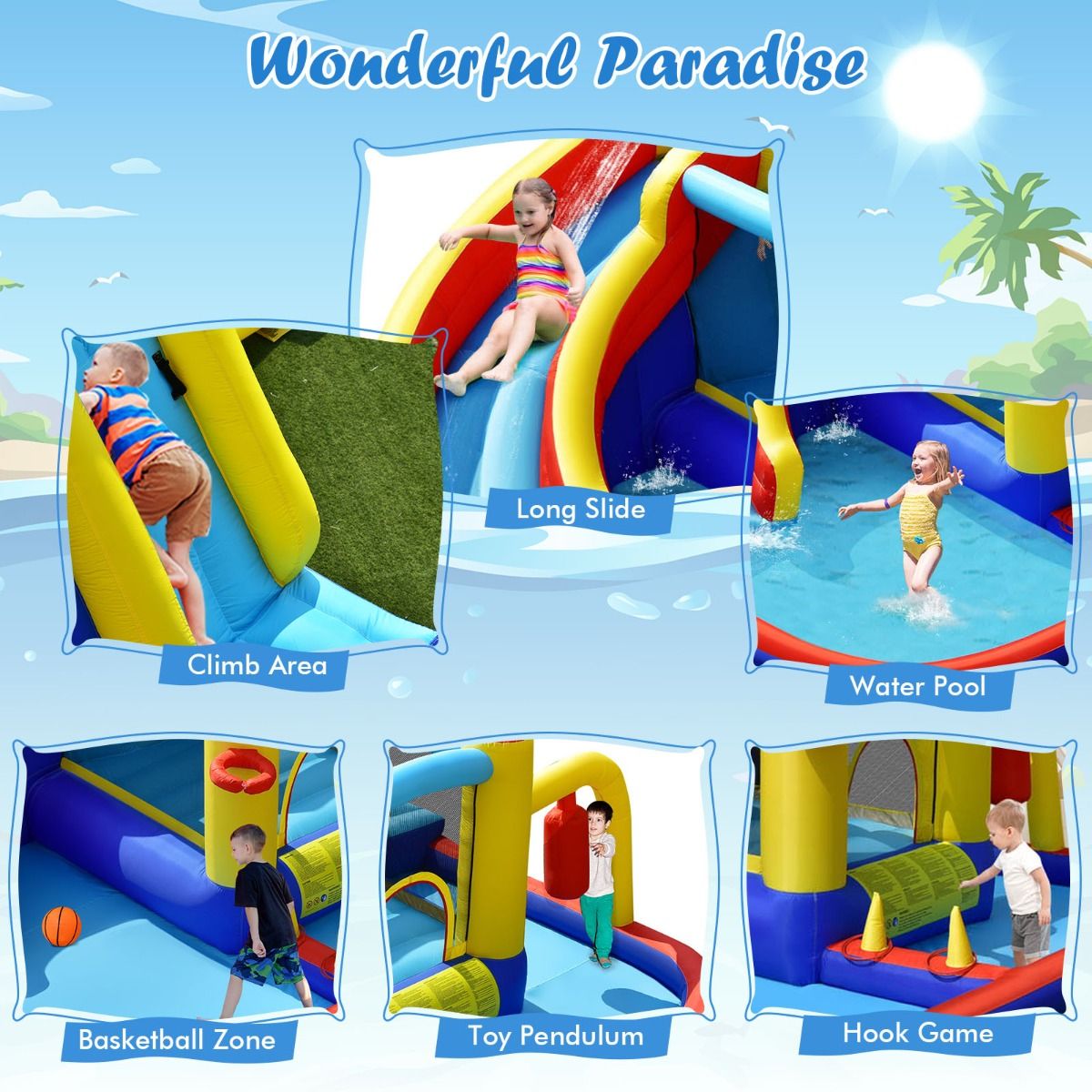 7-in-1 Inflatable Bounce Castle with Curved Water Slide (without Blower)