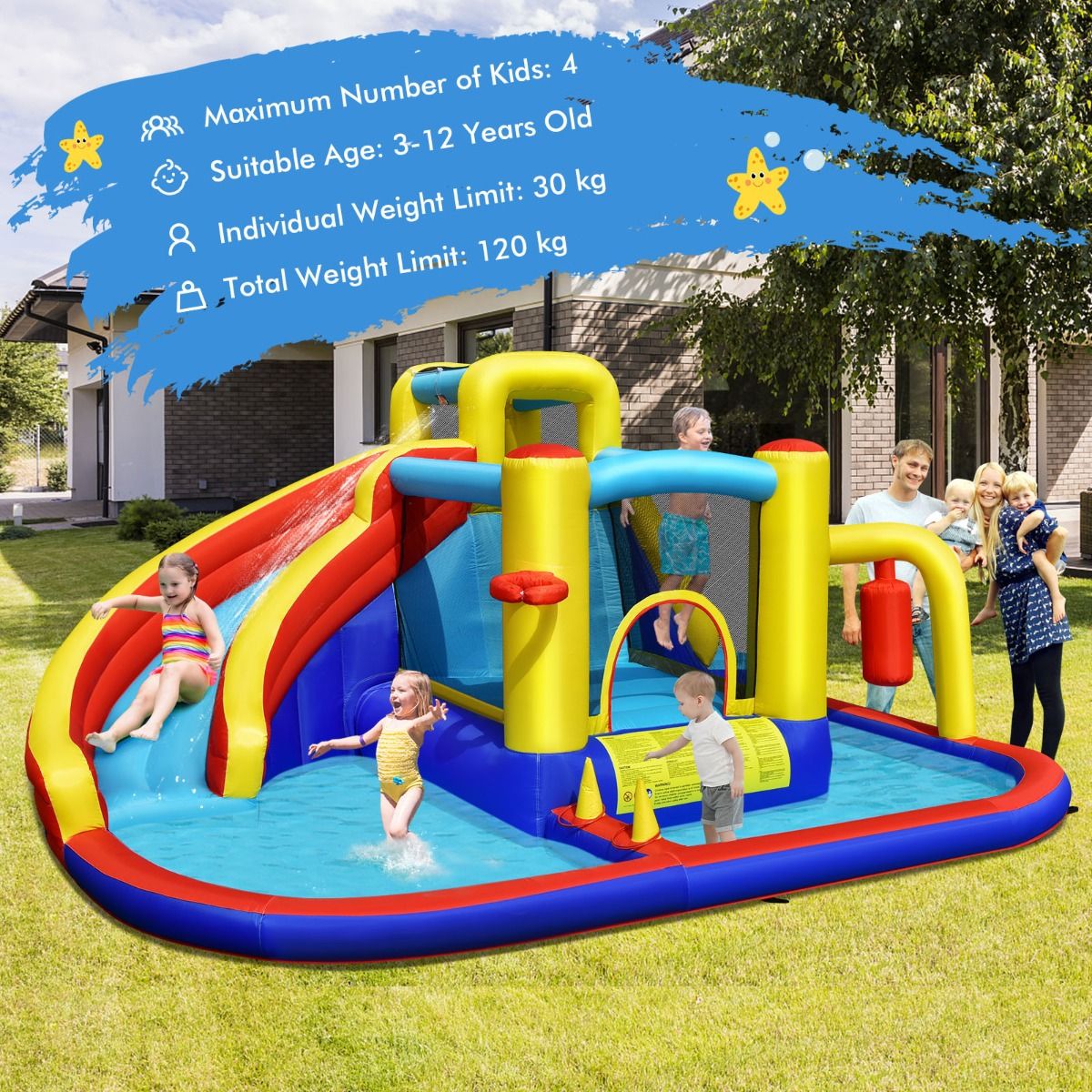7-in-1 Inflatable Bounce Castle with Curved Water Slide (without Blower)