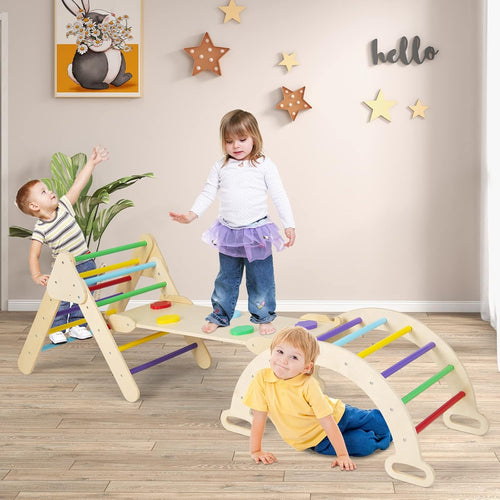 Pikler Triangle Set 7 in 1 Climbing Toys for Toddlers 1-3 Inside Foldable Wood Montessori Jungle Gym