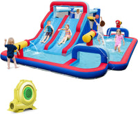 Water Slide Park, 5-in-1 Inflatable Jumping House w/Dual Slides, Climbing Wall, Splash Pool