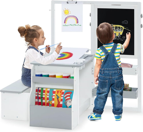 3 in 1 Kids Art Table and Chair Set, Toddler Craft and Play Wooden Activity Desk with Double-Sided Easel