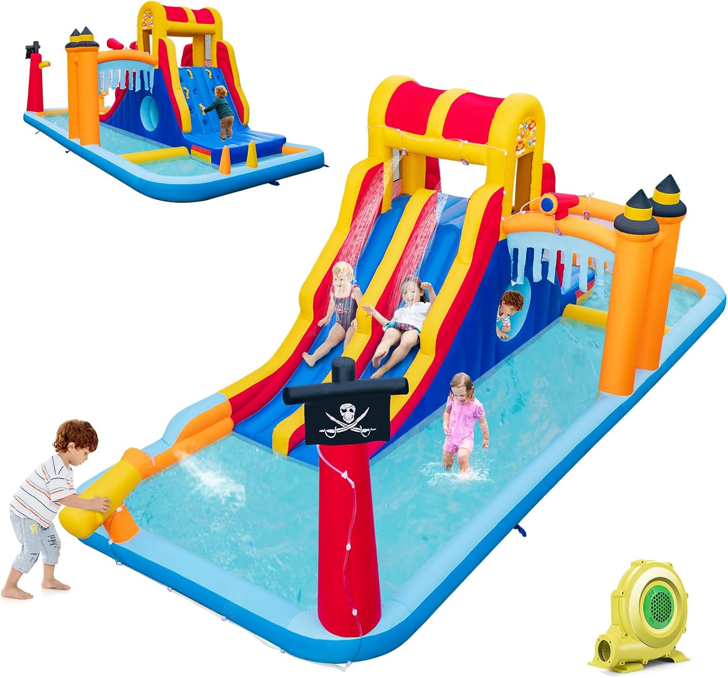 Inflatable Water Slide, 6-in-1 Water Park w/Dual Slides, Climbing Wall, Water Cannon