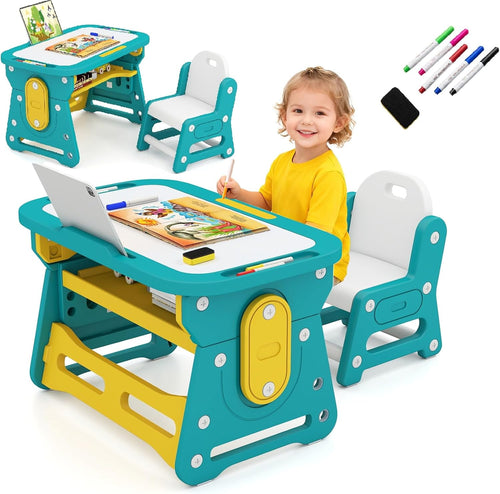 INFANS Kids Adjustable Table & Chair Set with Drawing Board for 3+