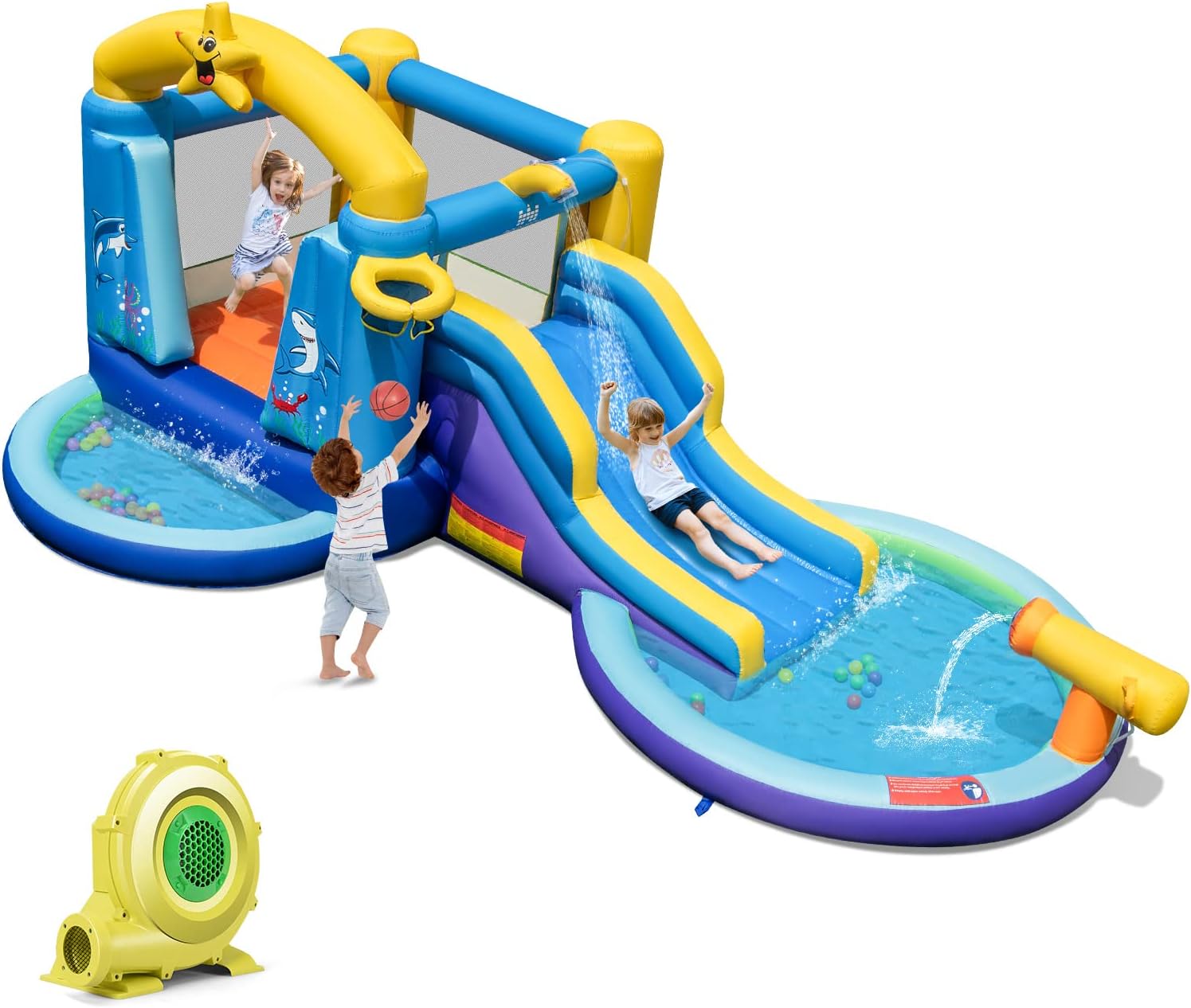 Inflatable Water Slide, Inflatable Water Park Jumping Castle w/2 Splash Pools, Basketball Hoop