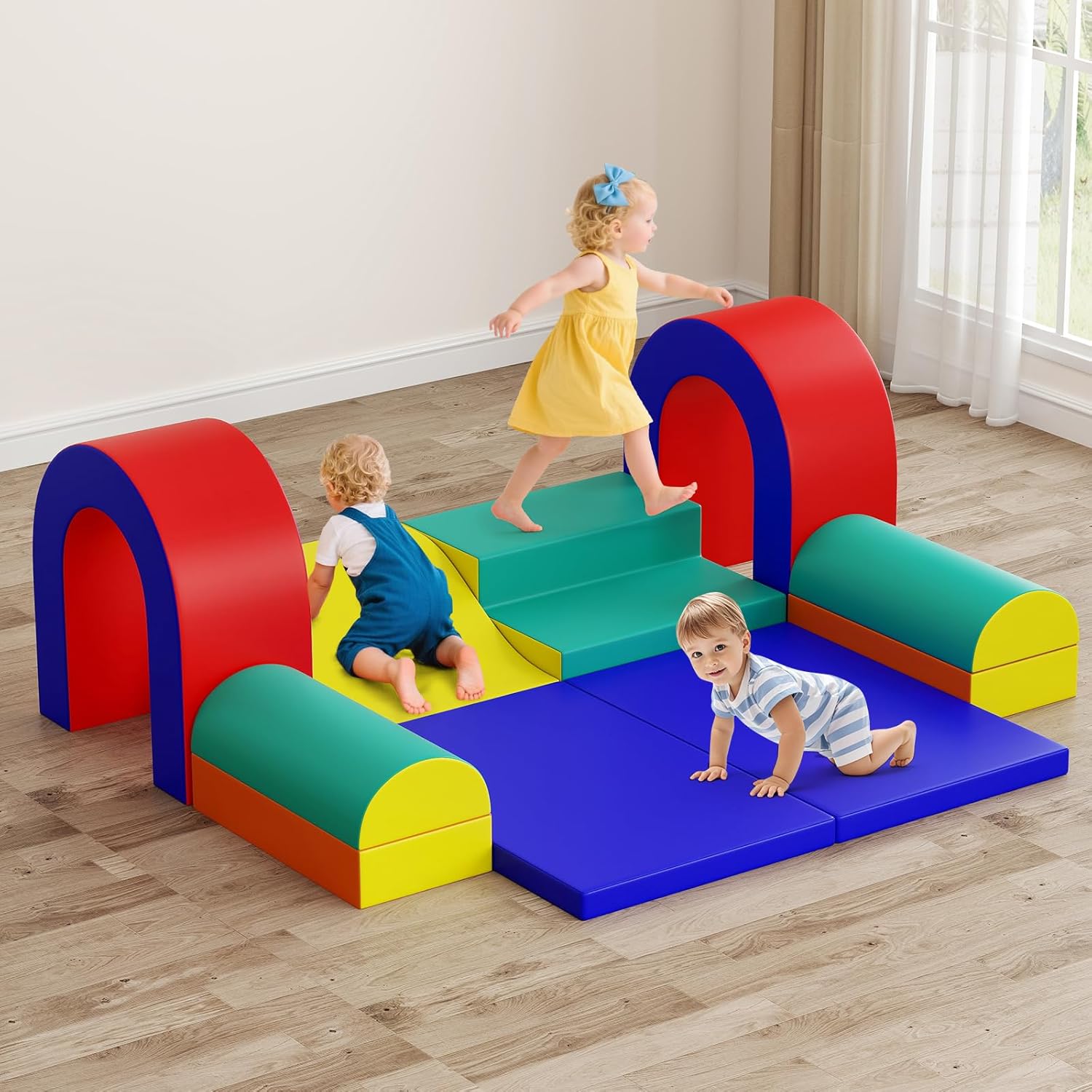 OLAKIDS Toddler Climbing Toys Indoor, 10 Pieces Baby Foam Blocks Soft Play Set with PU Leather