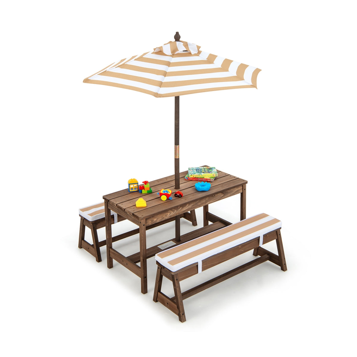 Kids Picnic Table Bench Set, Wooden Kids Outdoor Furniture with Umbrella, Sponge Cushions