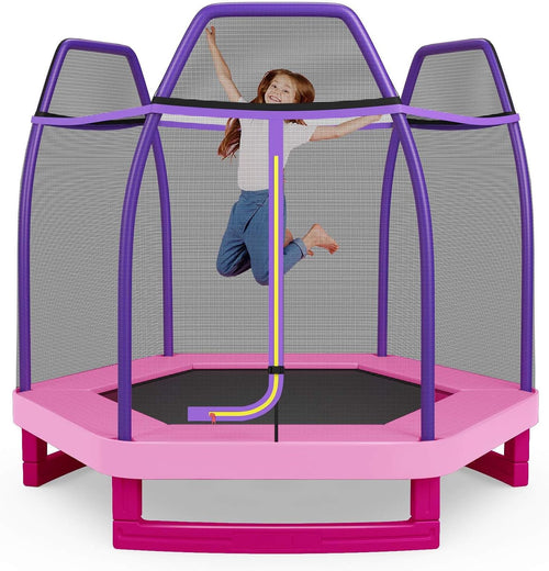7FT Kids Trampoline w/Safety Enclosure Net & Spring Pad
