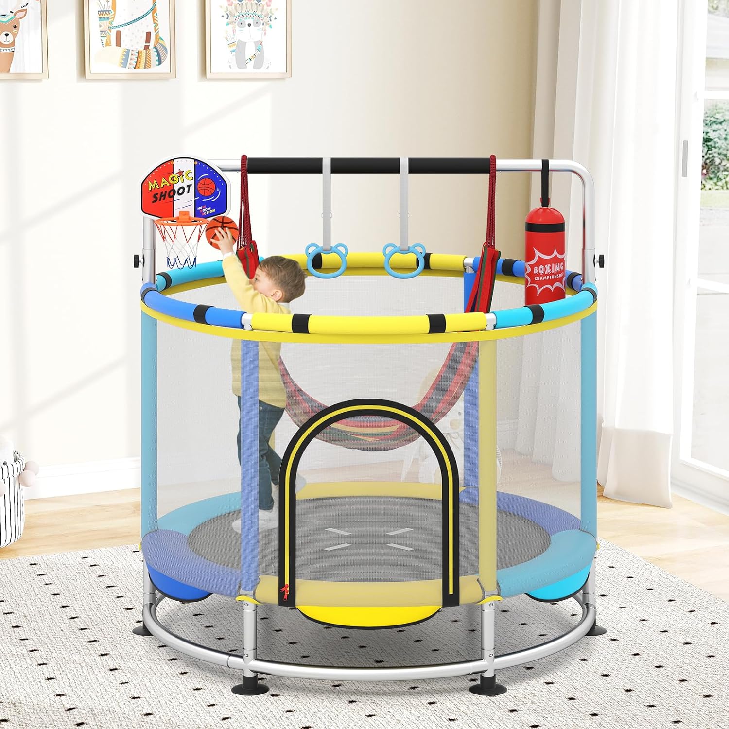 OLAKIDS 55" Trampoline for Kids Indoor Outdoor Adjustable Toddler Trampoline with Safety Enclosure Net