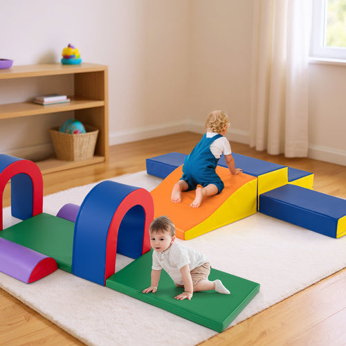 Toddler Climbing Toys Indoor, 10 Pieces Baby Foam Blocks Soft Play Set with PU Leather