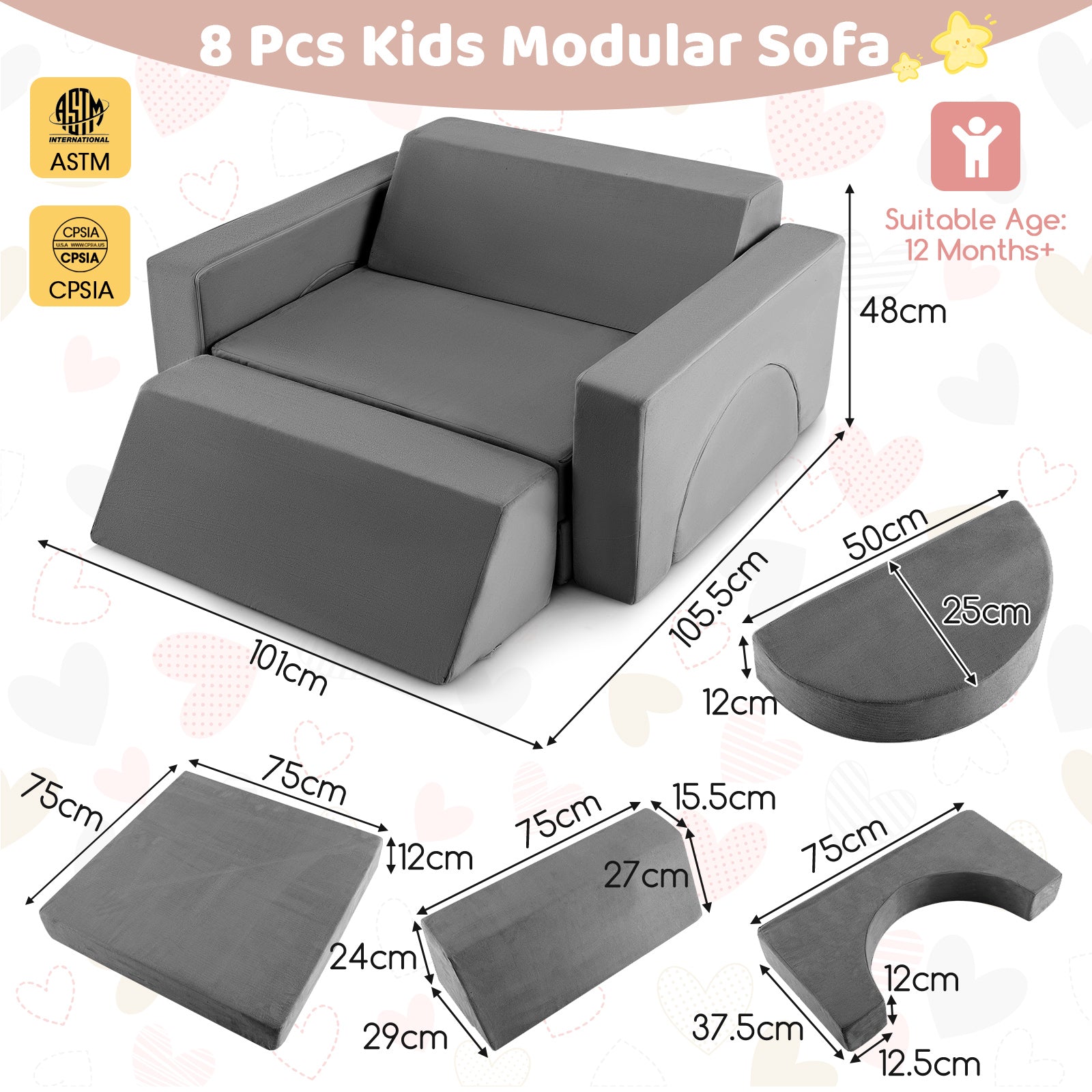 8 PCS Kids Play Sofa, Toddler Couch w/Detachable Cover, Indoor Kids Creative Couch