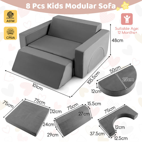 8 PCS Kids Play Sofa, Toddler Couch w/Detachable Cover, Indoor Kids Creative Couch