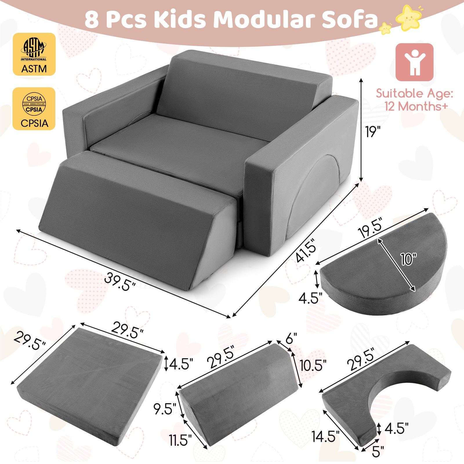 8 PCS Kids Play Sofa, Toddler Couch w/Detachable Cover, Indoor Kids Creative Couch