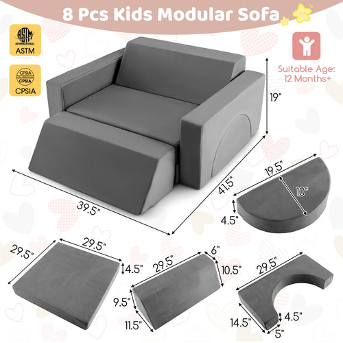 8 PCS Kids Play Sofa, Toddler Couch w/Detachable Cover, Indoor Kids Creative Couch