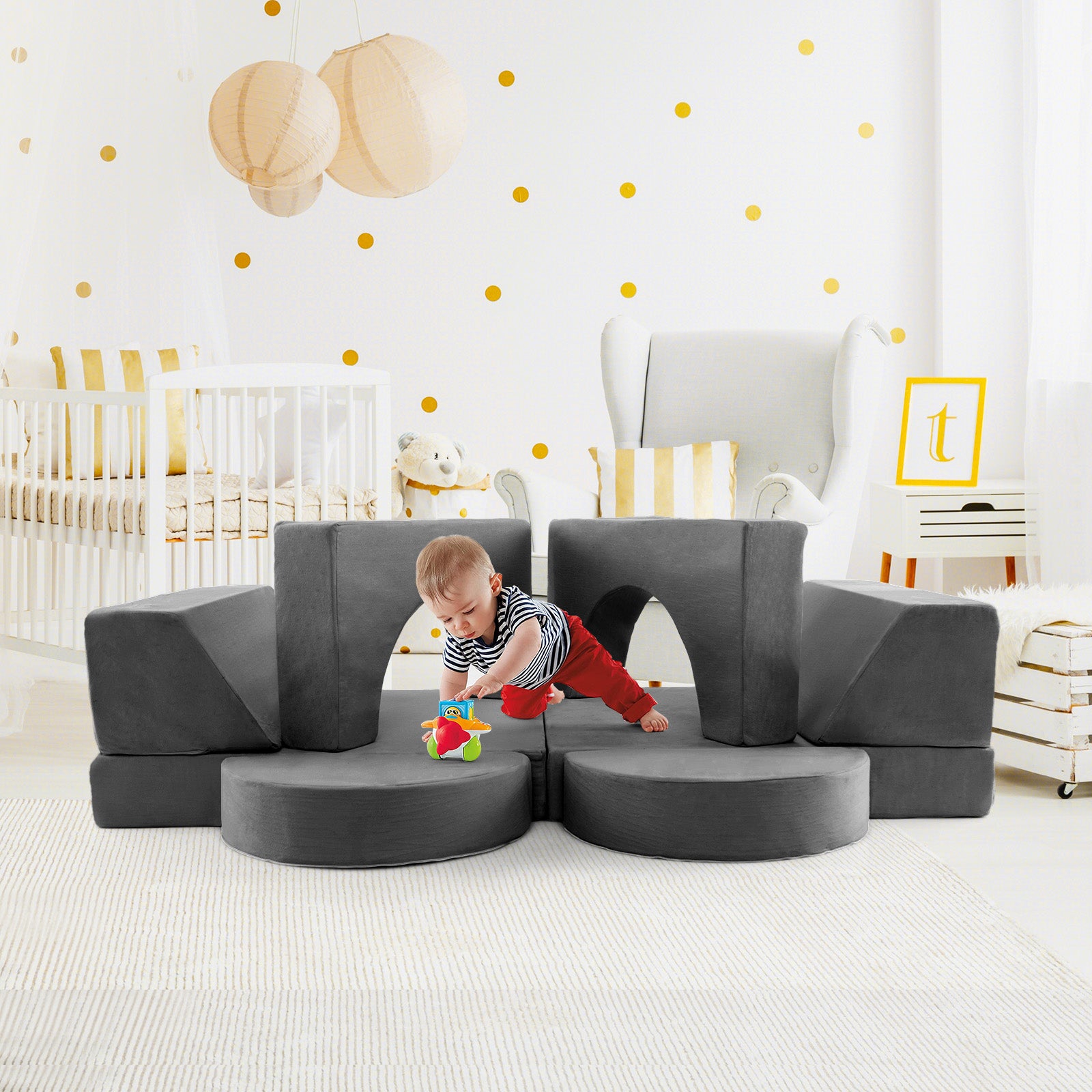 8 PCS Kids Play Sofa, Toddler Couch w/Detachable Cover, Indoor Kids Creative Couch