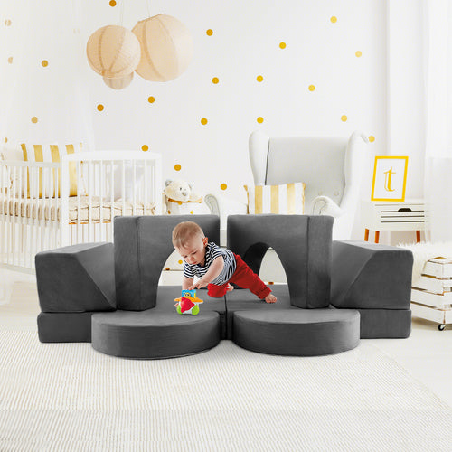 8 PCS Kids Play Sofa, Toddler Couch w/Detachable Cover, Indoor Kids Creative Couch