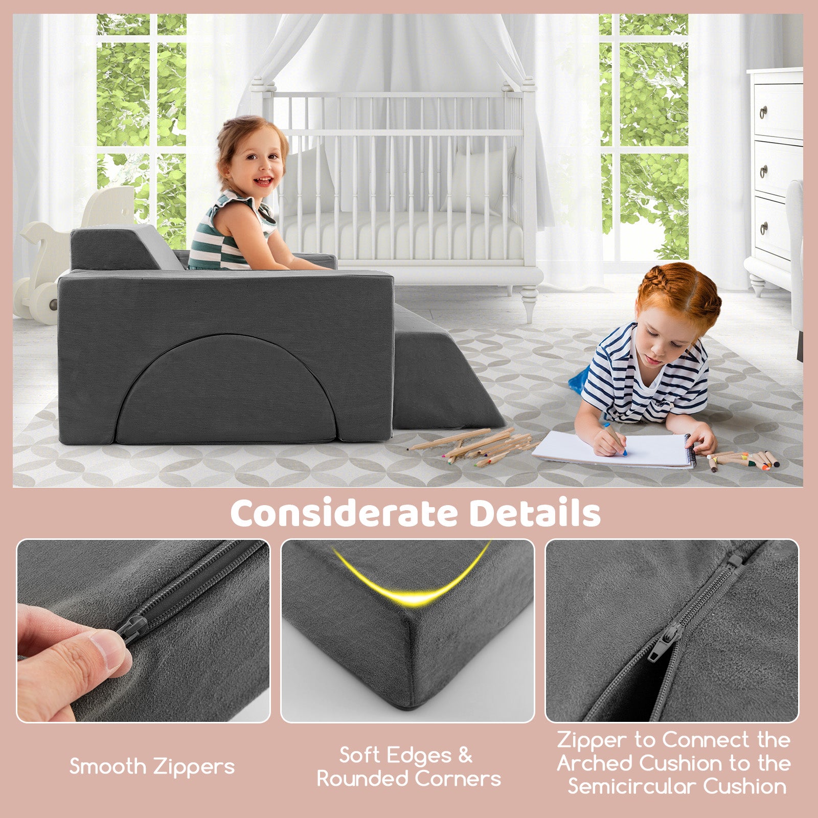 8 PCS Kids Play Sofa, Toddler Couch w/Detachable Cover, Indoor Kids Creative Couch