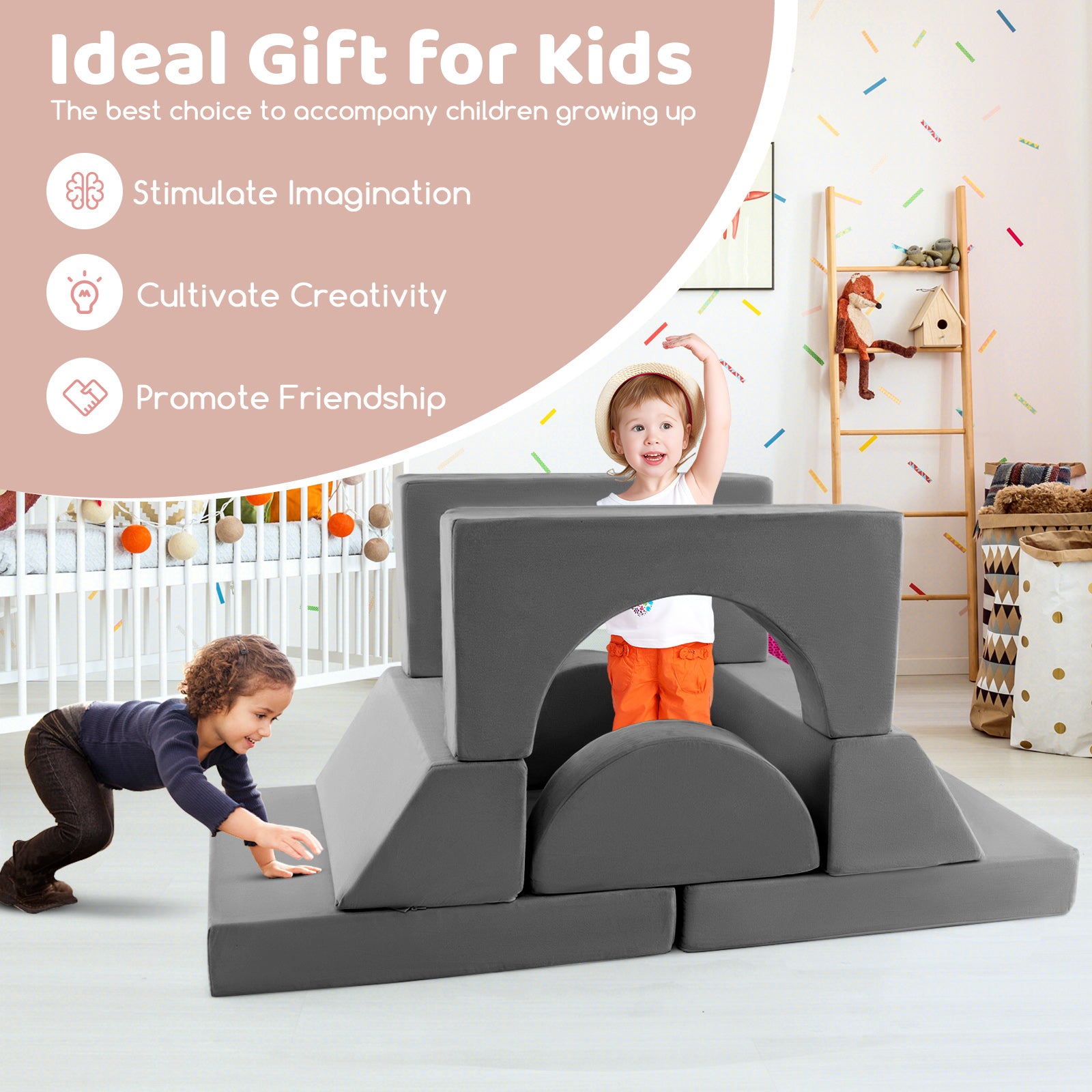 8 PCS Kids Play Sofa, Toddler Couch w/Detachable Cover, Indoor Kids Creative Couch