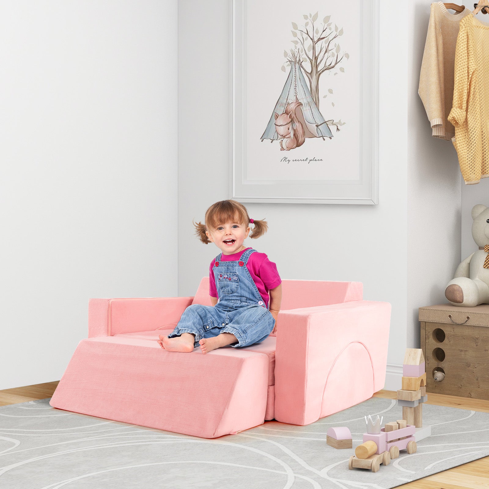 8 PCS Kids Play Sofa, Toddler Couch w/Detachable Cover, Indoor Kids Creative Couch