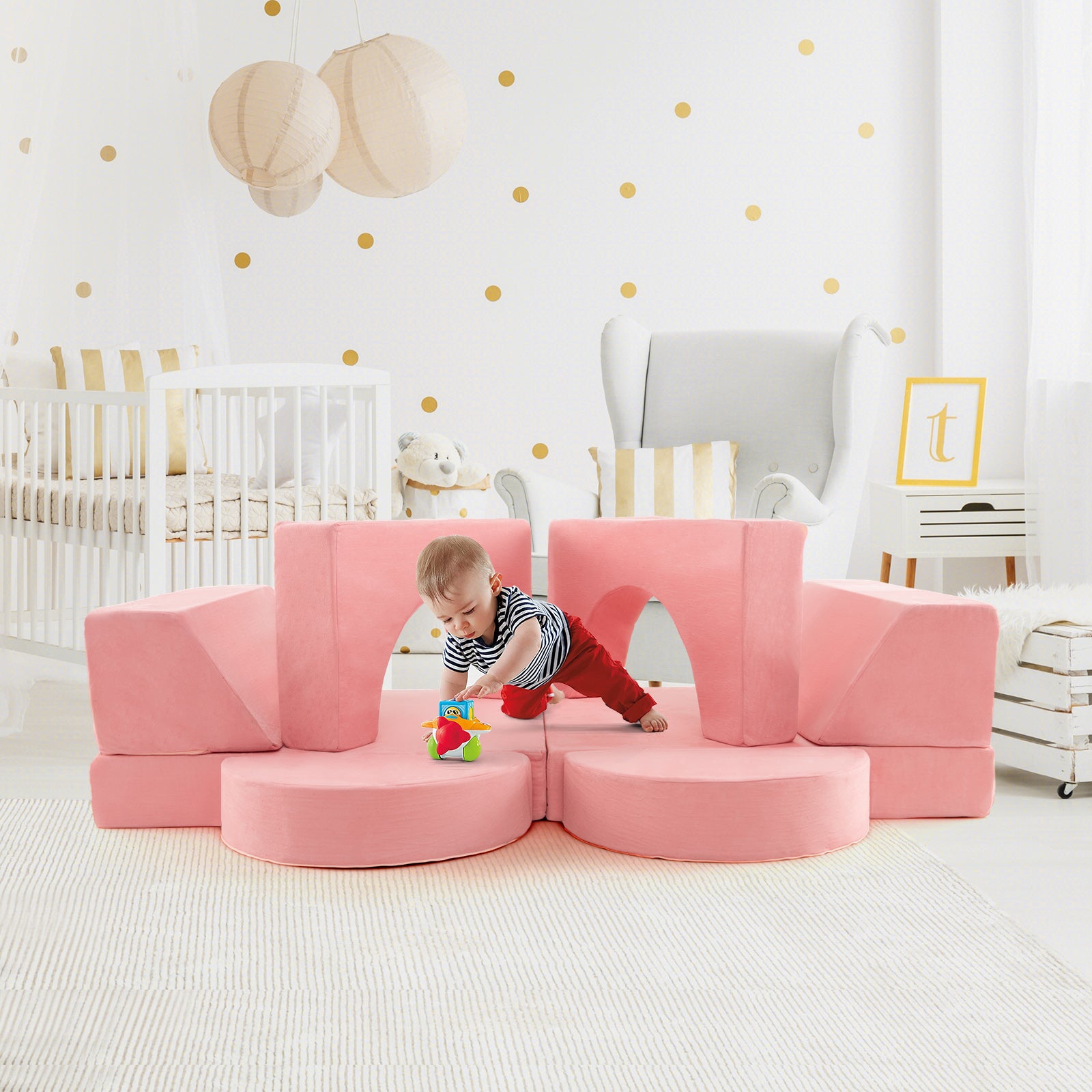 8 PCS Kids Play Sofa, Toddler Couch w/Detachable Cover, Indoor Kids Creative Couch