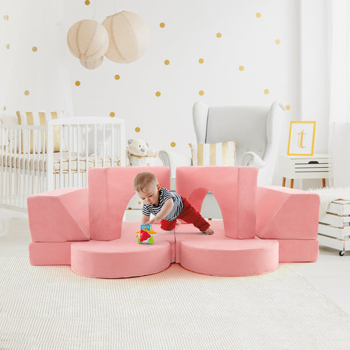 8 PCS Kids Play Sofa, Toddler Couch w/Detachable Cover, Indoor Kids Creative Couch