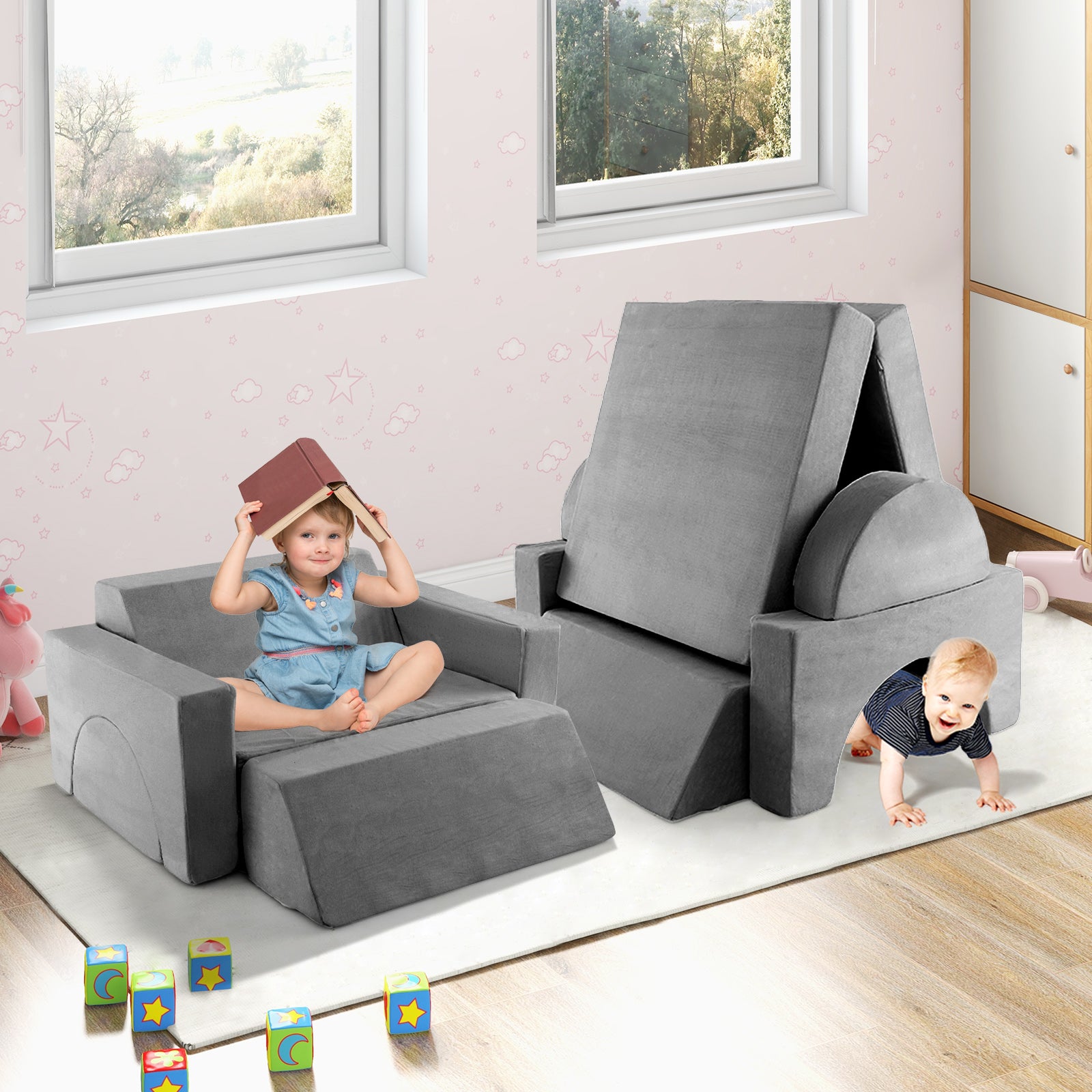 8PCS Toddler Sectional Sofa Building Fort, Imaginative Convertible Floor Cushion, Foam Set