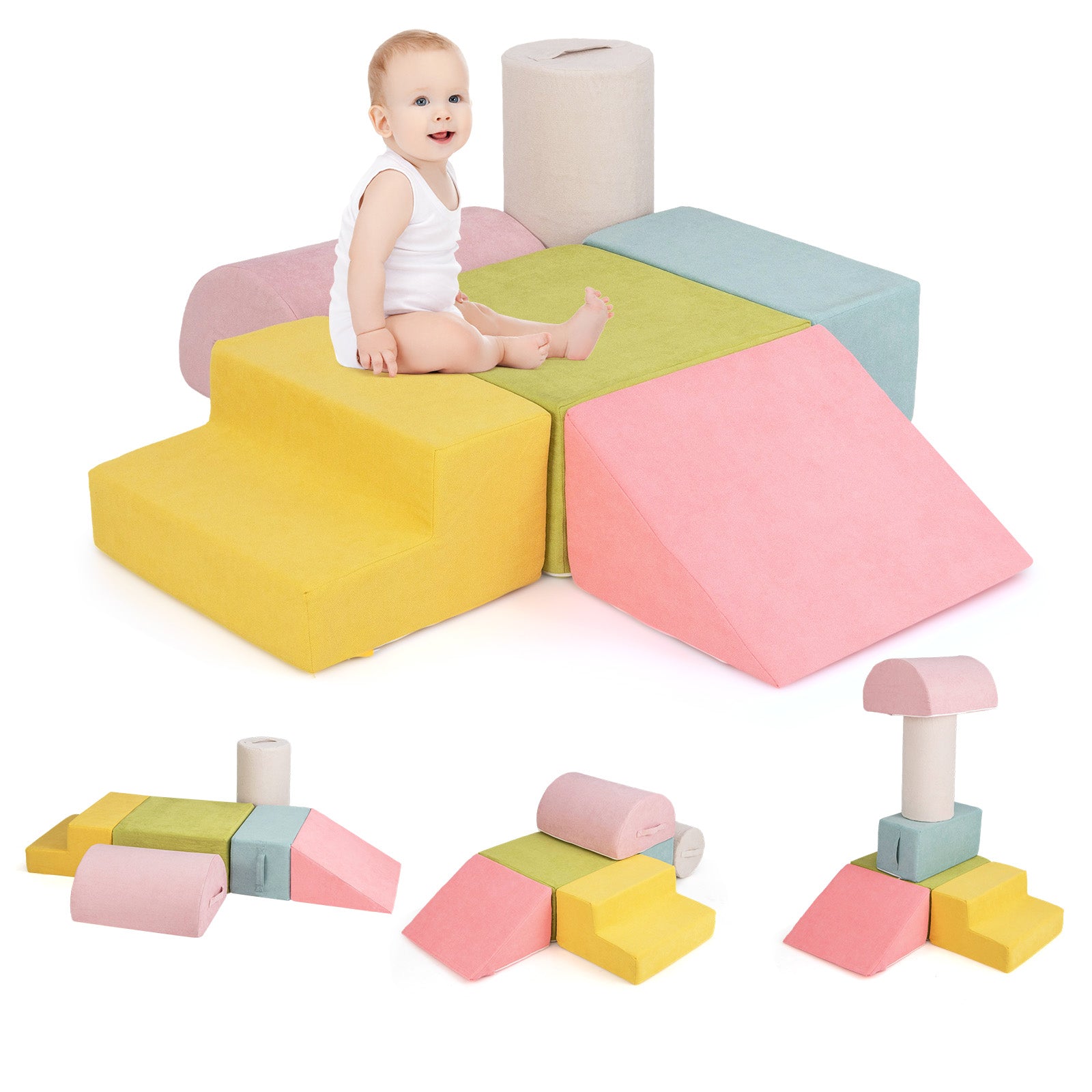 INFANS 6pc Kids Climb and Crawl Soft Foam Block Activity Structure Play Set with Chenille Fabric, 30D High-Density Foam