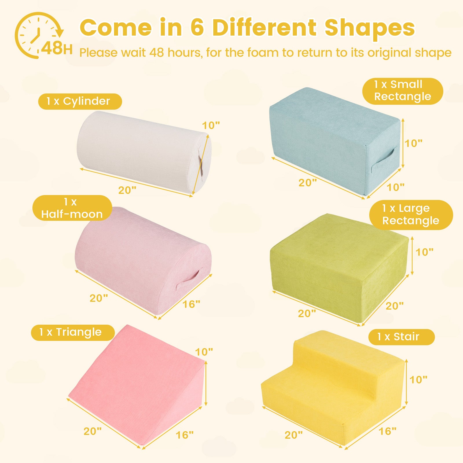INFANS 6pc Kids Climb and Crawl Soft Foam Block Activity Structure Play Set with Chenille Fabric, 30D High-Density Foam