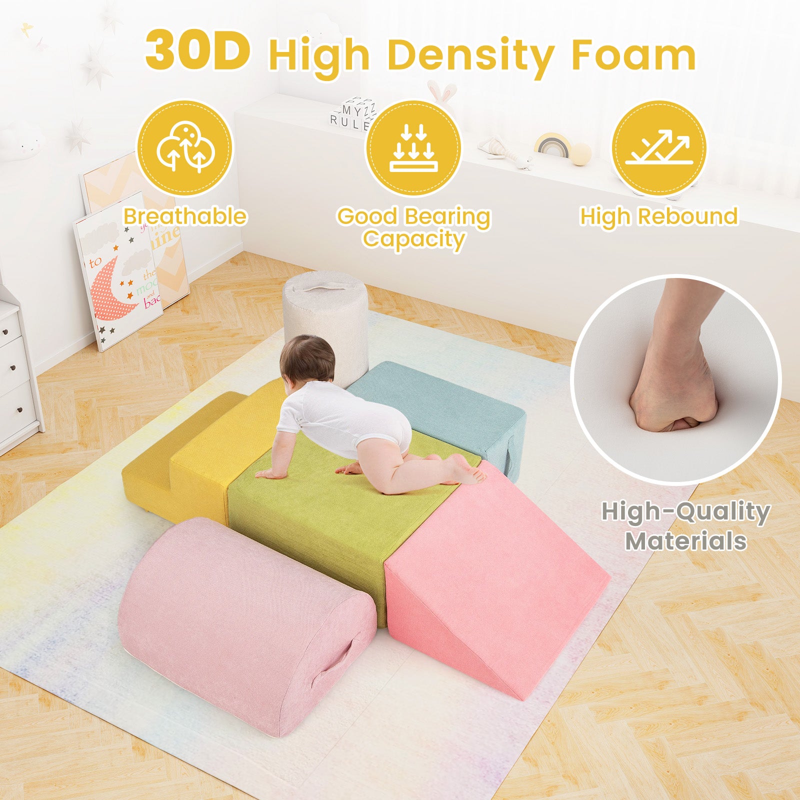 INFANS 6pc Kids Climb and Crawl Soft Foam Block Activity Structure Play Set with Chenille Fabric, 30D High-Density Foam
