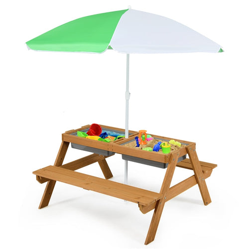 Kids Picnic Table, 3-in-1 Wooden Table & Bench Set w/Removable & Foldable Umbrella for Backyard, Garden
