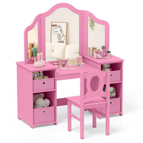 INFANS Kids Vanity, Princess Makeup Desk and Chair Set with Lights Mirror Drawer Storage Shelves