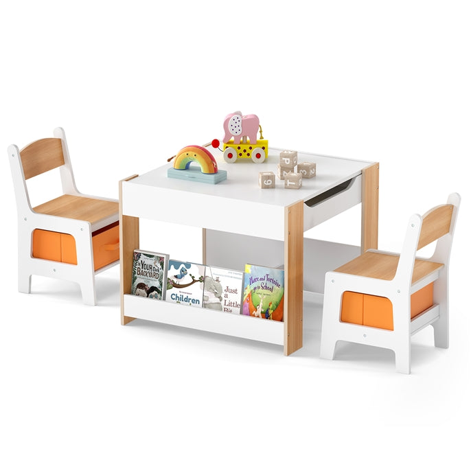 Kids Table and Chair Set, 4 in 1 Building Block Wooden Activity Desk with Reversible Tabletop Storage Drawers