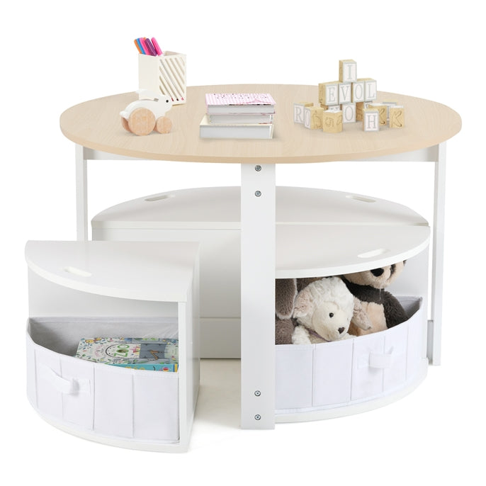 Toddler Table and Chair Set with 4 Storage Stools, Wooden Flower Shaped Nesting Table Blackboard Drawers