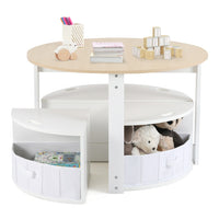 Toddler Table and Chair Set with 4 Storage Stools, Wooden Flower Shaped Nesting Table Blackboard Drawers