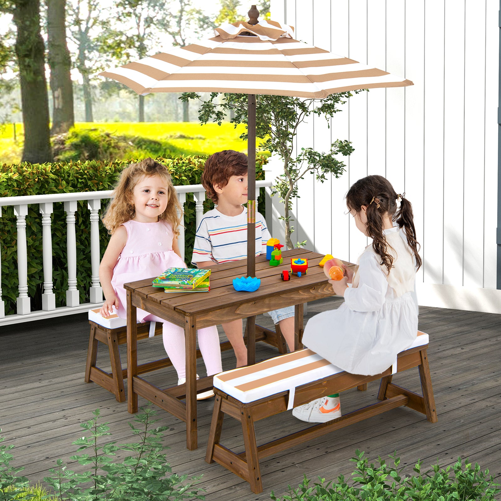 Kids Picnic Table Bench Set, Wooden Kids Outdoor Furniture with Umbrella, Sponge Cushions