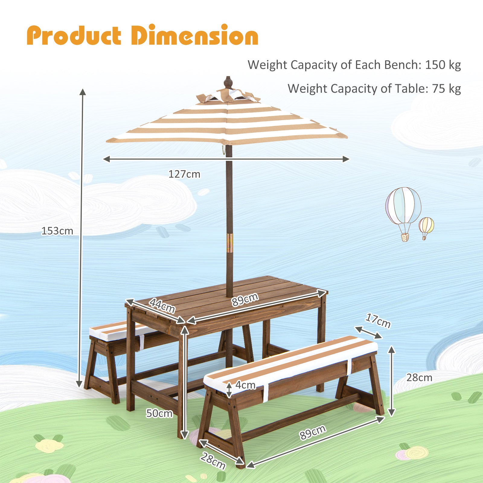 Kids Picnic Table Bench Set, Wooden Kids Outdoor Furniture with Umbrella, Sponge Cushions